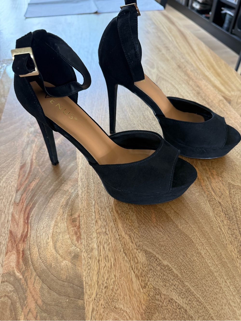 VENUS Black Suede Platform Ankle-Strap Stiletto Heels